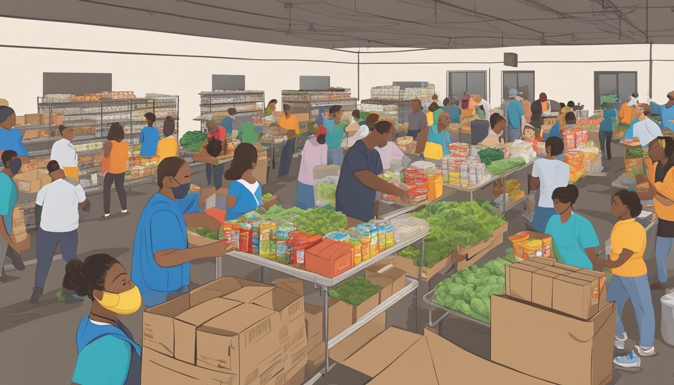 A bustling food pantry in Washington County, Texas, with volunteers distributing free groceries to those in need