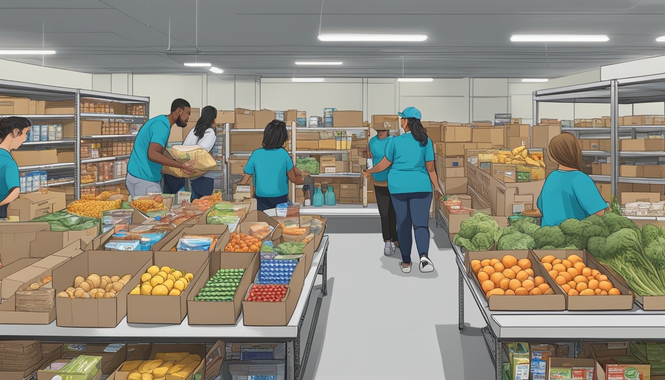 A bustling food pantry in Smith County, Texas, with volunteers distributing free groceries and seasonal assistance to those in need