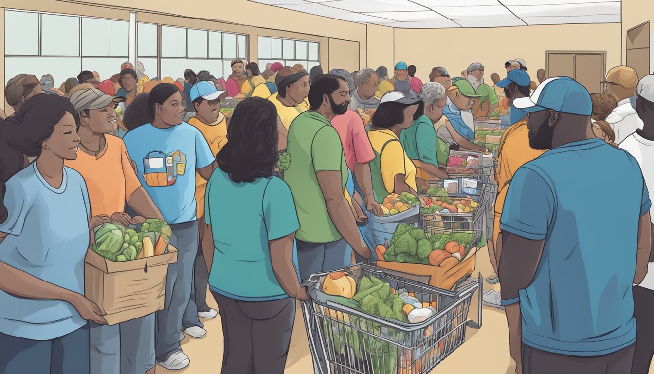 A group of volunteers distribute groceries at a food pantry in Washington County, Texas, as people line up to receive free assistance