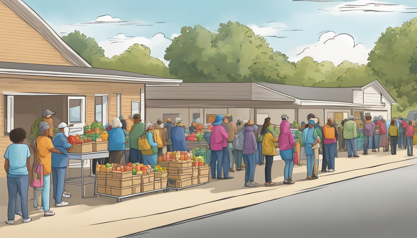 People in line at a food pantry in Stephens County, Texas, receiving free groceries and supplies to combat food insecurity