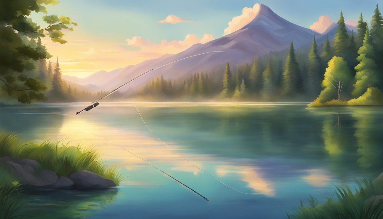 A serene lake at dawn, with a fishing rod casting into the calm water, surrounded by lush green trees and distant mountains