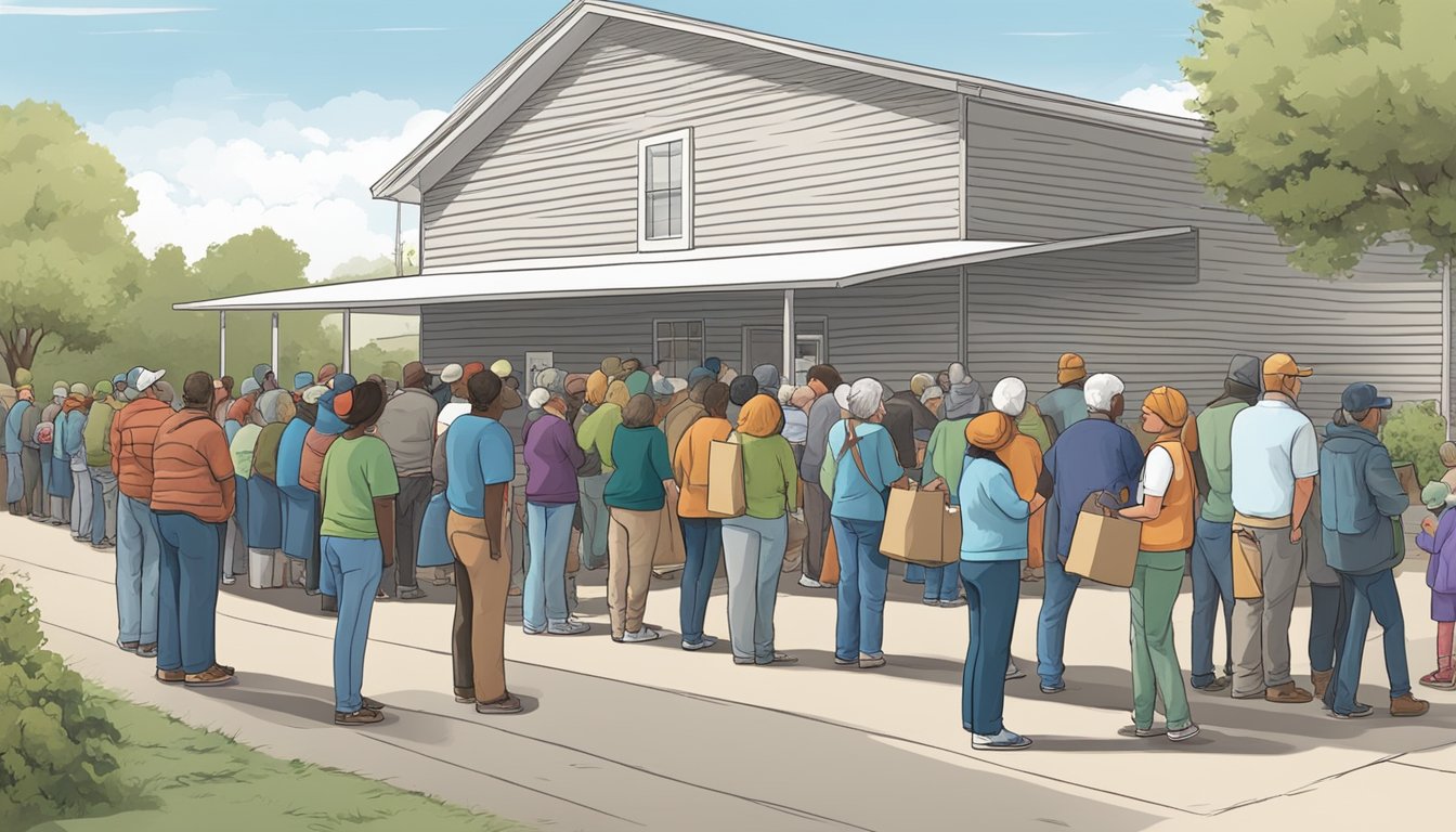 A line of people wait outside a food pantry in Stephens County, Texas, as volunteers distribute free groceries to those in need