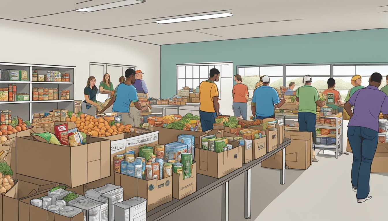 A bustling food pantry in Webb County, Texas, with volunteers distributing free groceries to those in need