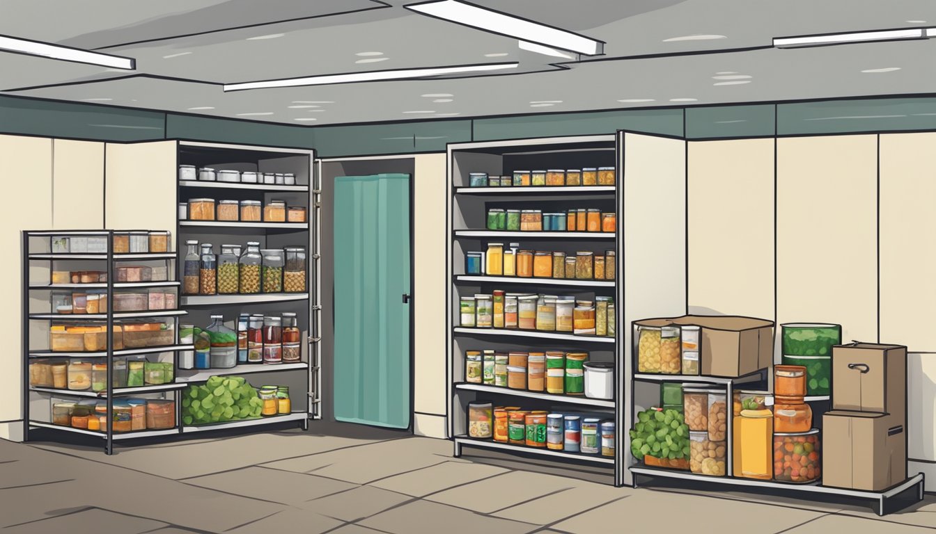 A small, rural food pantry in Stephens County, Texas, with shelves stocked with canned goods, boxes of non-perishable food items, and fresh produce