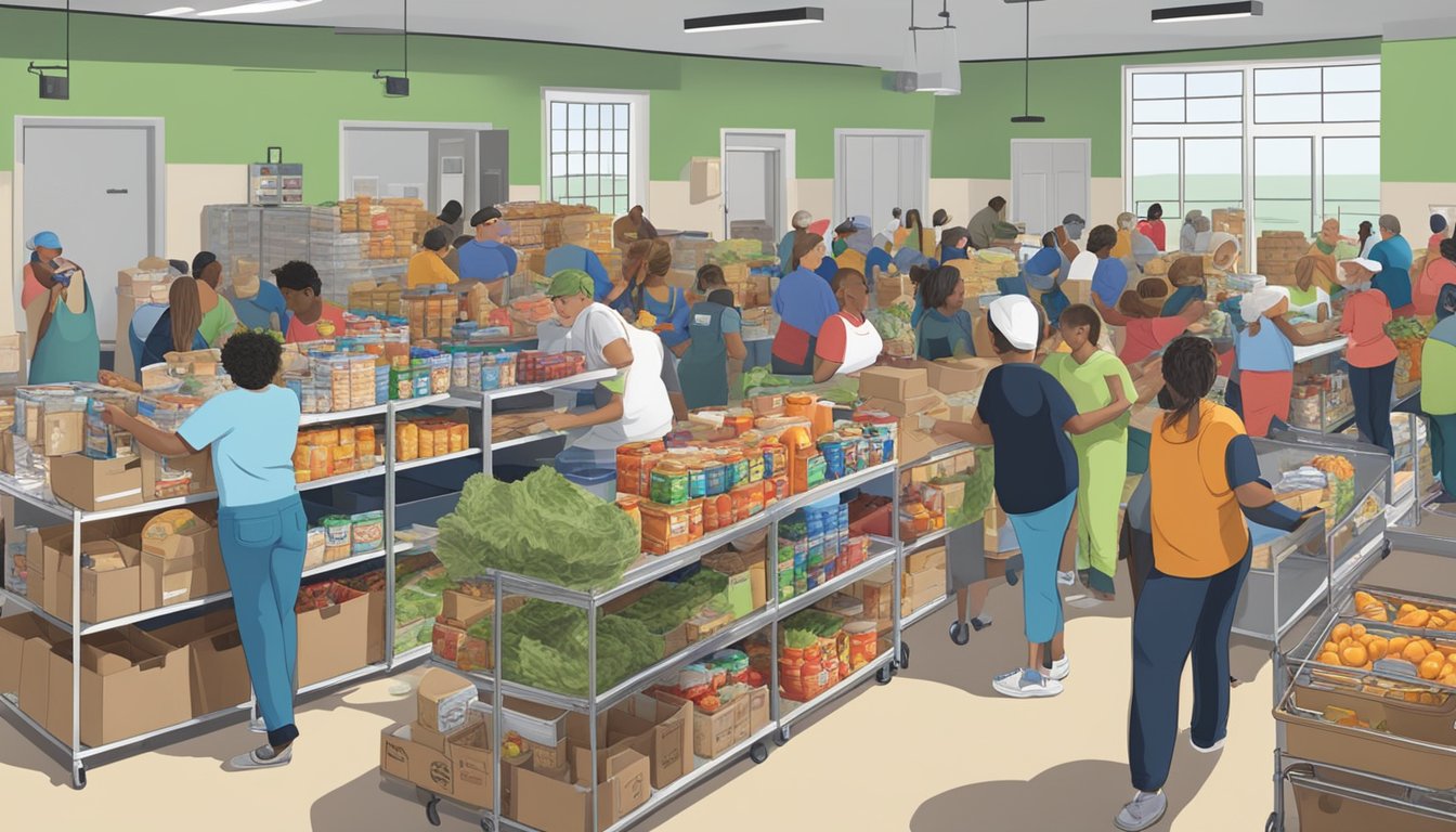 A bustling food pantry in Webb County, Texas, with volunteers distributing free groceries to those in need