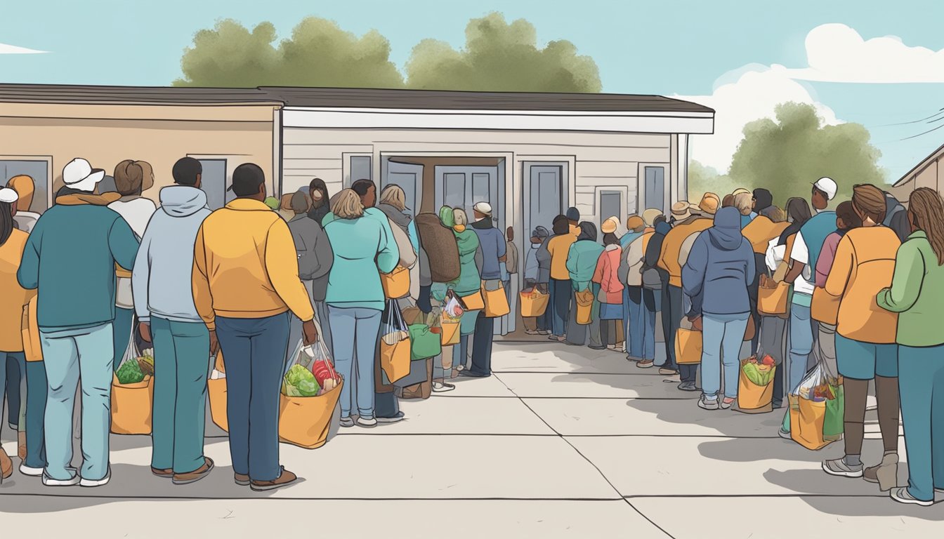 A line of people wait outside a small food pantry in Stephens County, Texas. Volunteers hand out bags of groceries to those in need