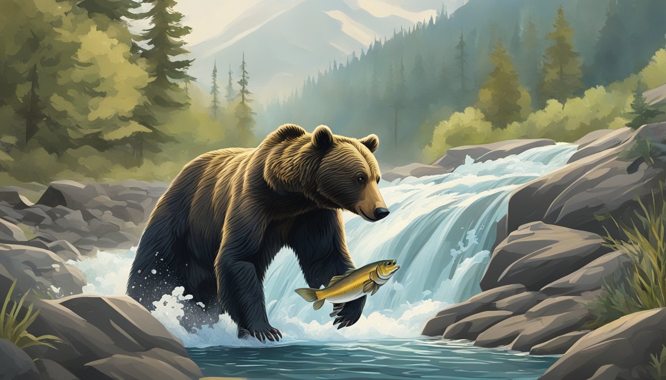 A bear catching and eating a sucker fish in a flowing river