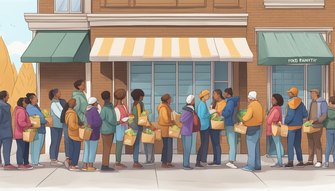 A line of people waiting outside a food pantry, with volunteers handing out bags of groceries