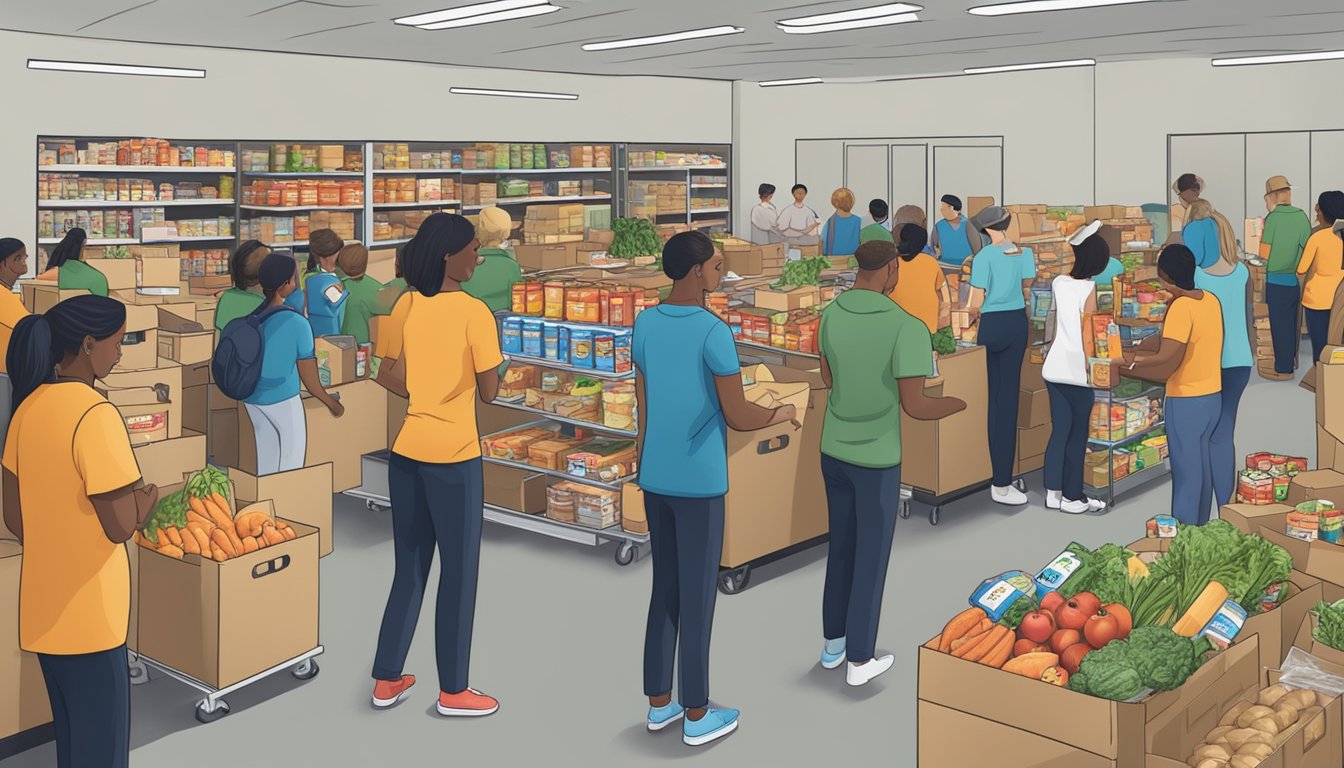 A bustling food pantry in Webb County, Texas, with volunteers distributing free groceries to those in need