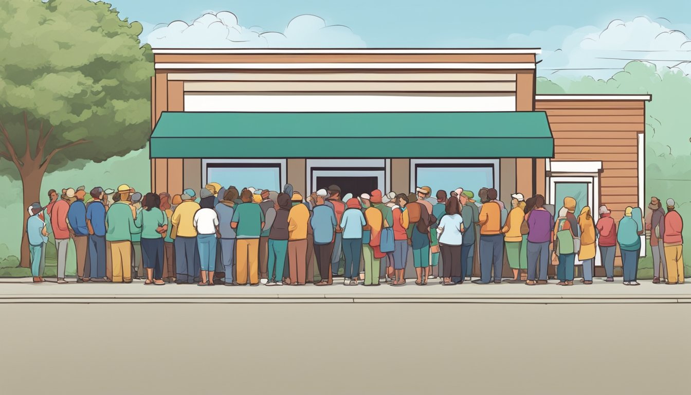 A line of people waiting outside a food pantry in Stephens County, Texas. Volunteers distribute free groceries to those in need