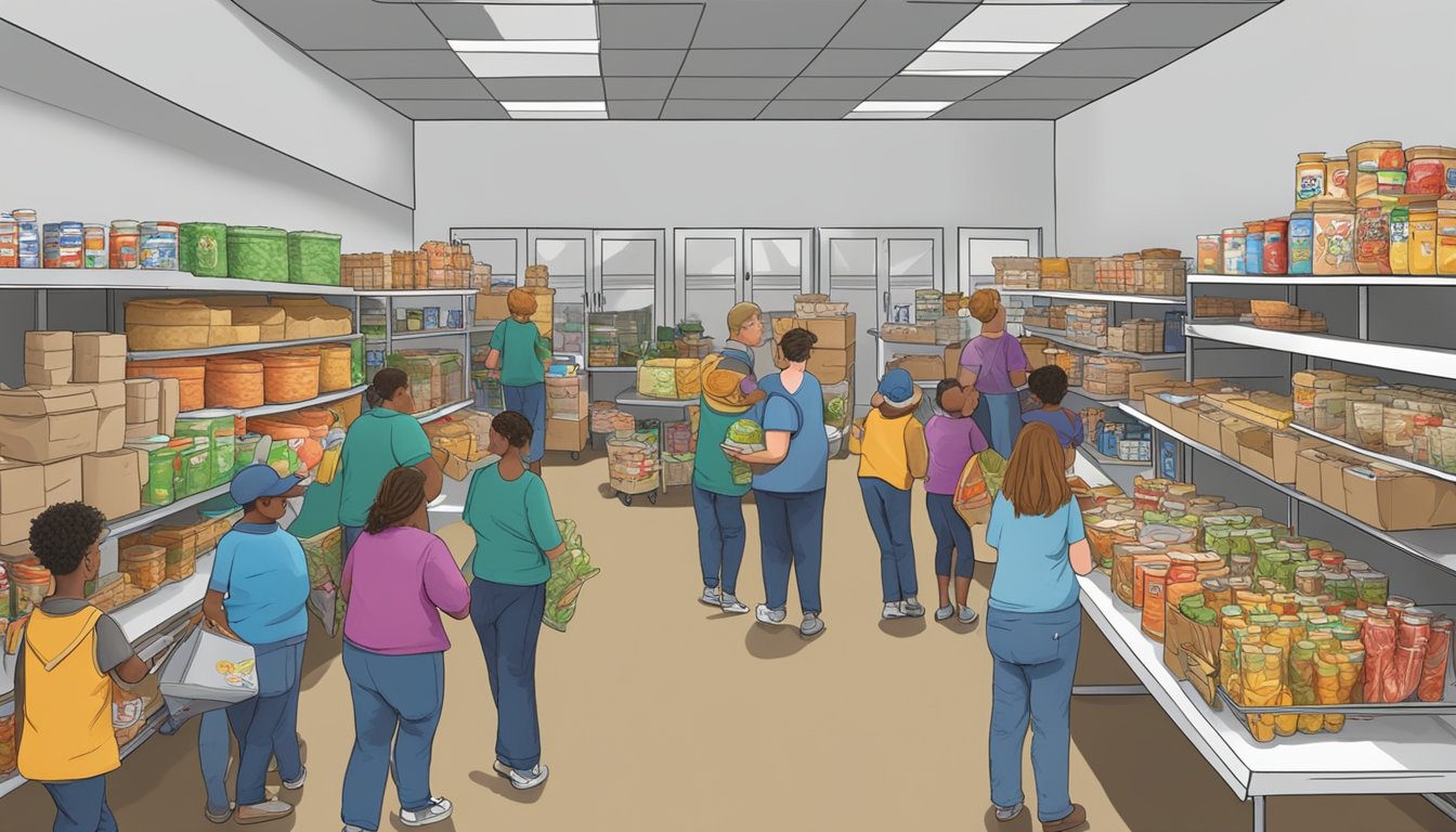 A bustling food pantry in Stephens County, Texas, with volunteers distributing free groceries to those in need