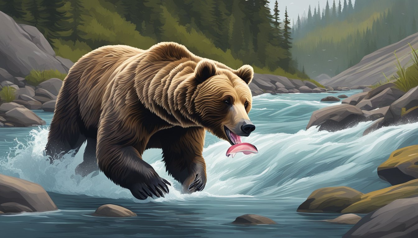 A grizzly bear catching and eating pink salmon in a rushing river