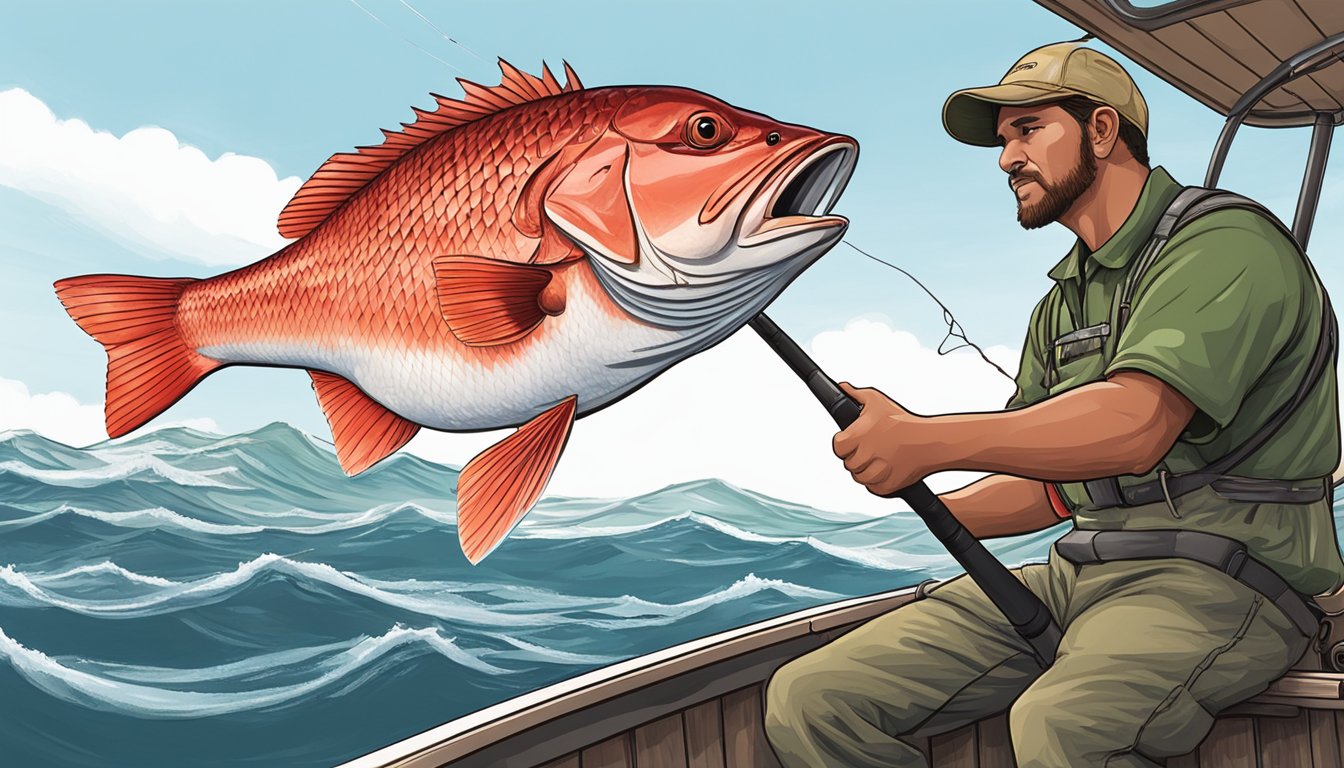 A fisherman reeling in a red snapper from a boat, with a regulation sign visible in the background