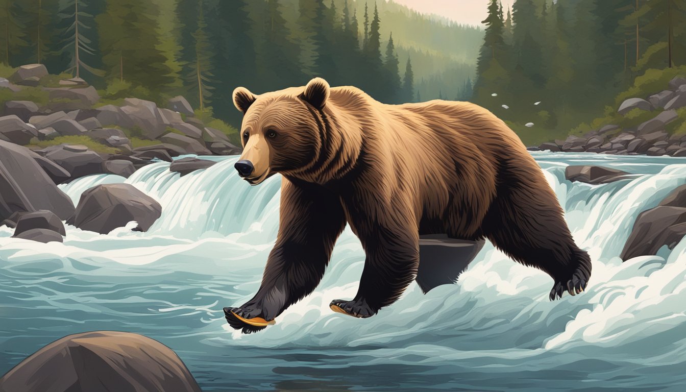 A bear catching and eating pink salmon in a rushing river