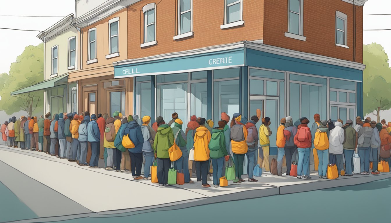 A line of people waits outside a small building, where volunteers hand out bags of groceries and canned goods