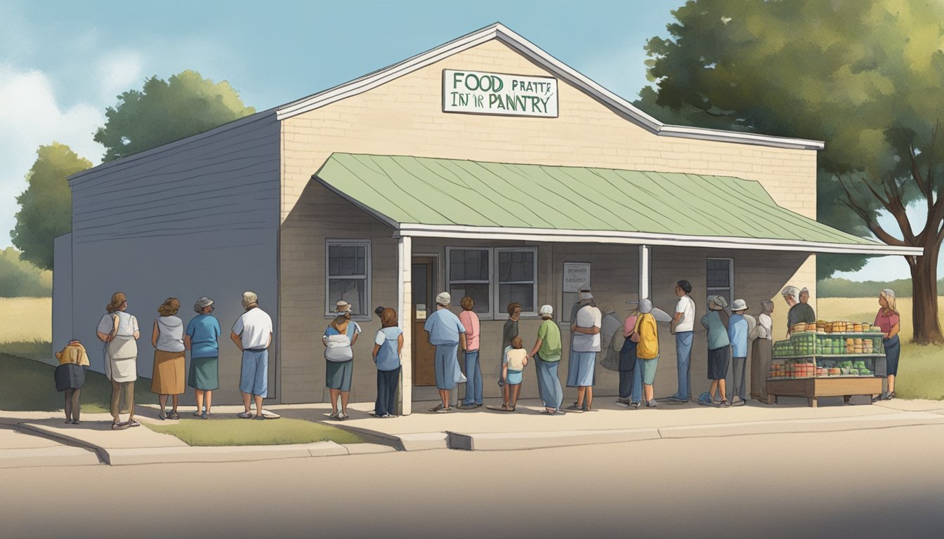 A line of people waiting outside a small building with a sign reading "Food Pantry" in Stonewall County, Texas