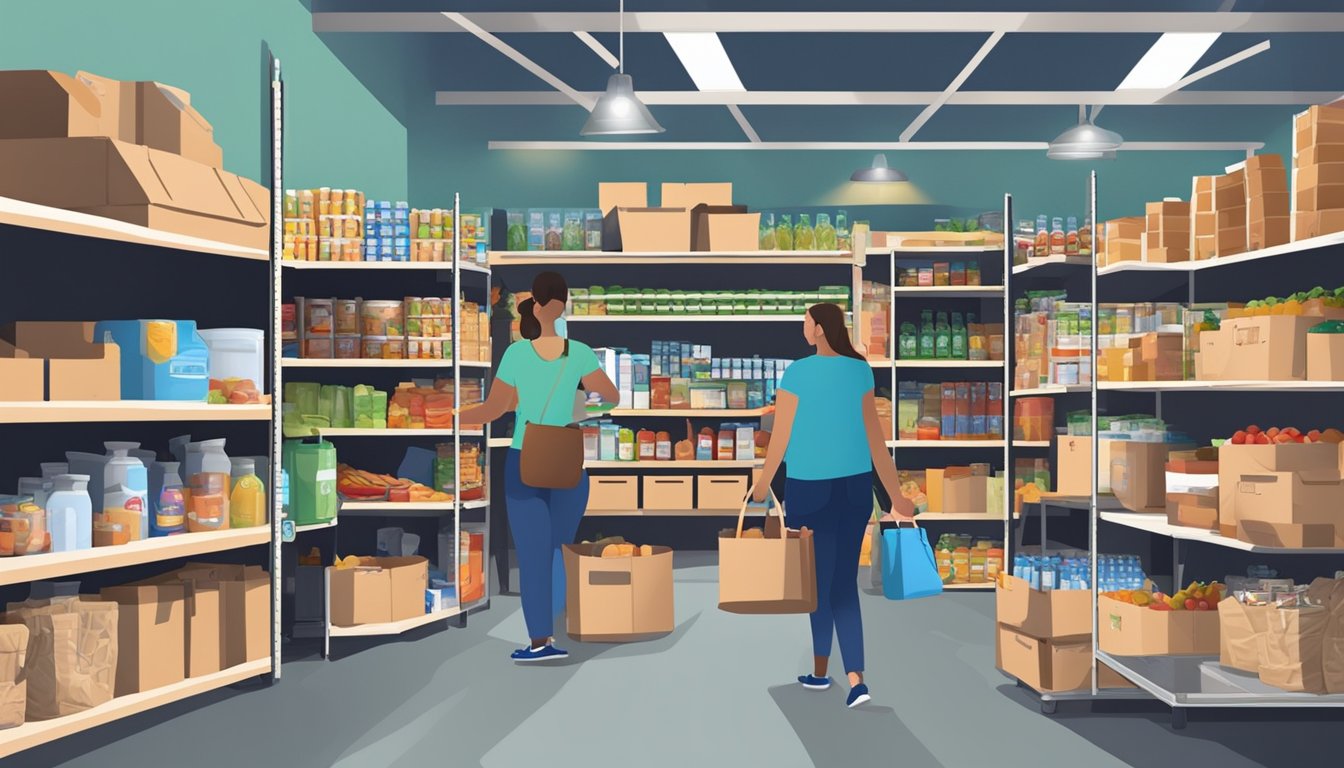 A bustling food pantry in Stonewall County, Texas, with shelves stocked with free groceries and volunteers assisting those in need