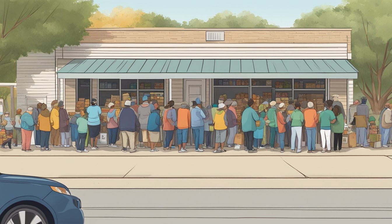 People lining up for free groceries at a food pantry in Stonewall County, Texas. Volunteers helping distribute food to those in need