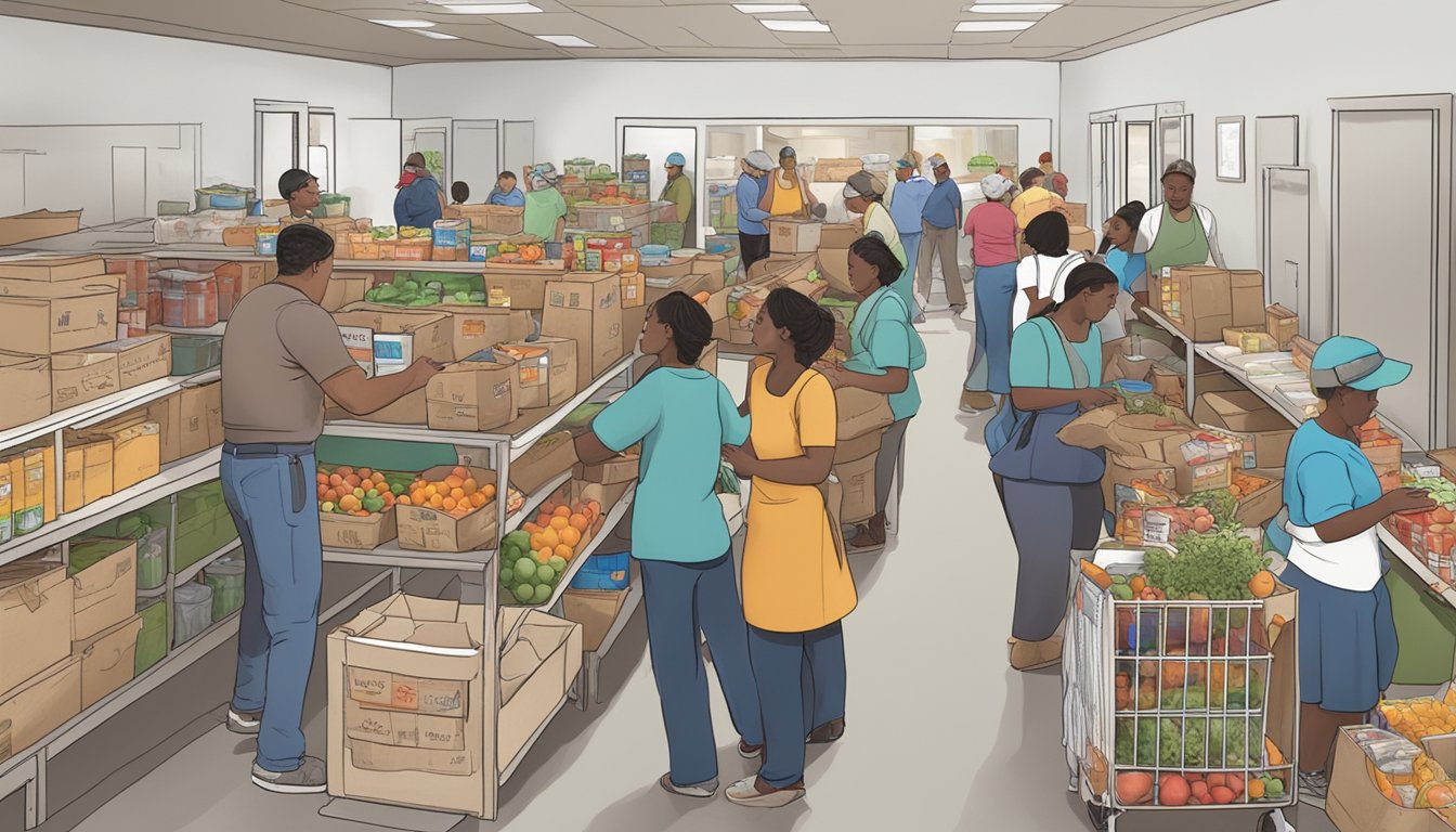 A bustling food pantry in Stonewall County, Texas, with volunteers distributing free groceries to those in need