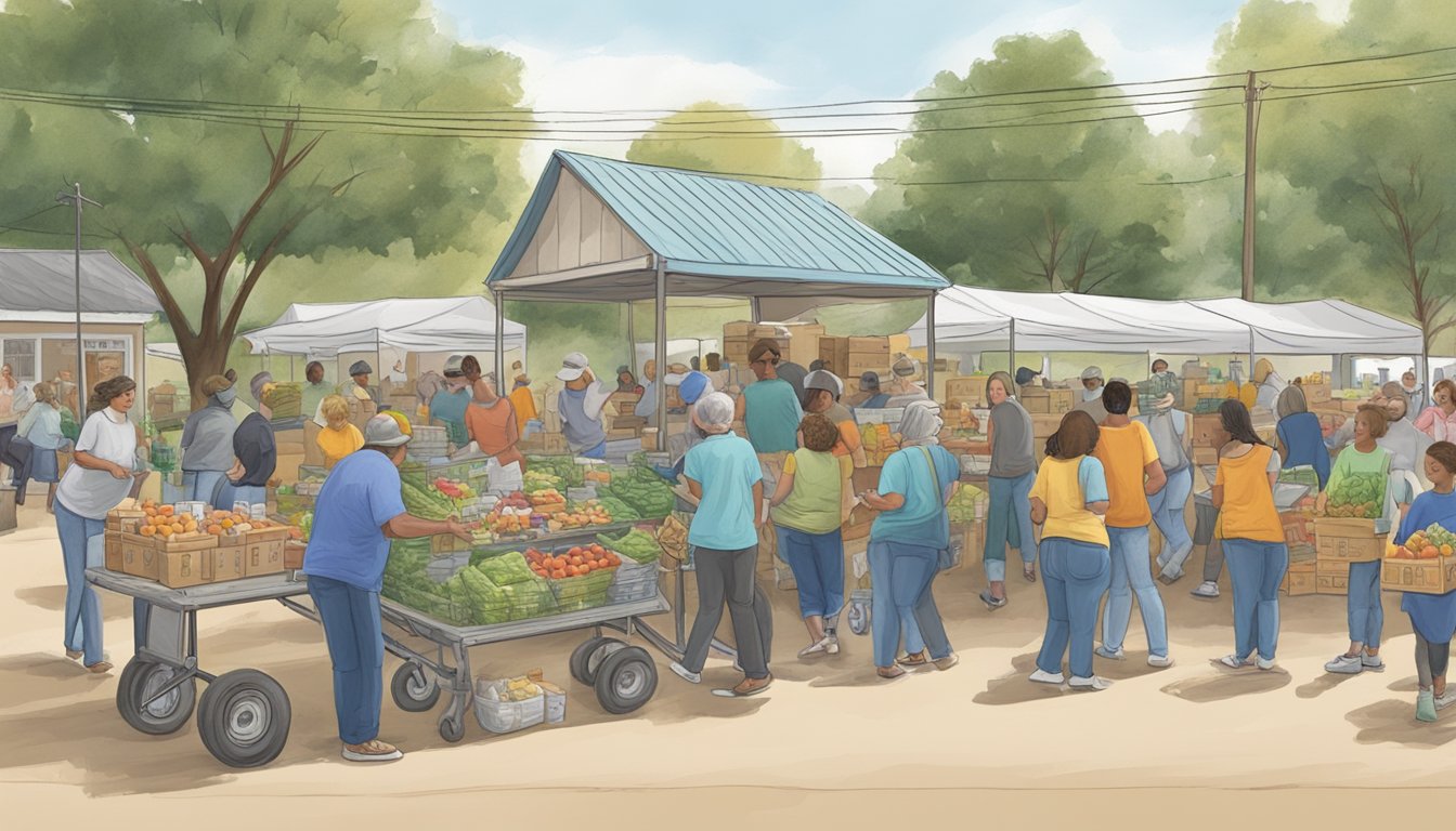 A bustling scene at a mobile pantry in Stonewall County, Texas, with volunteers distributing free groceries to those in need