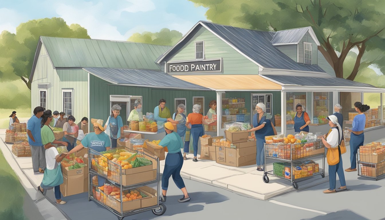 A bustling food pantry in Stonewall County, Texas, with volunteers distributing free groceries to those in need