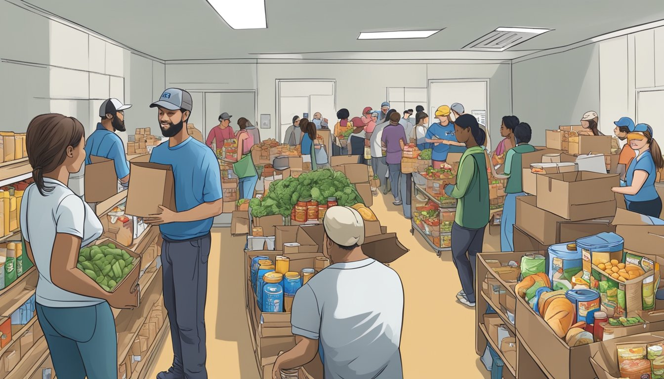 A bustling food pantry in Texas, with volunteers distributing groceries to those in need