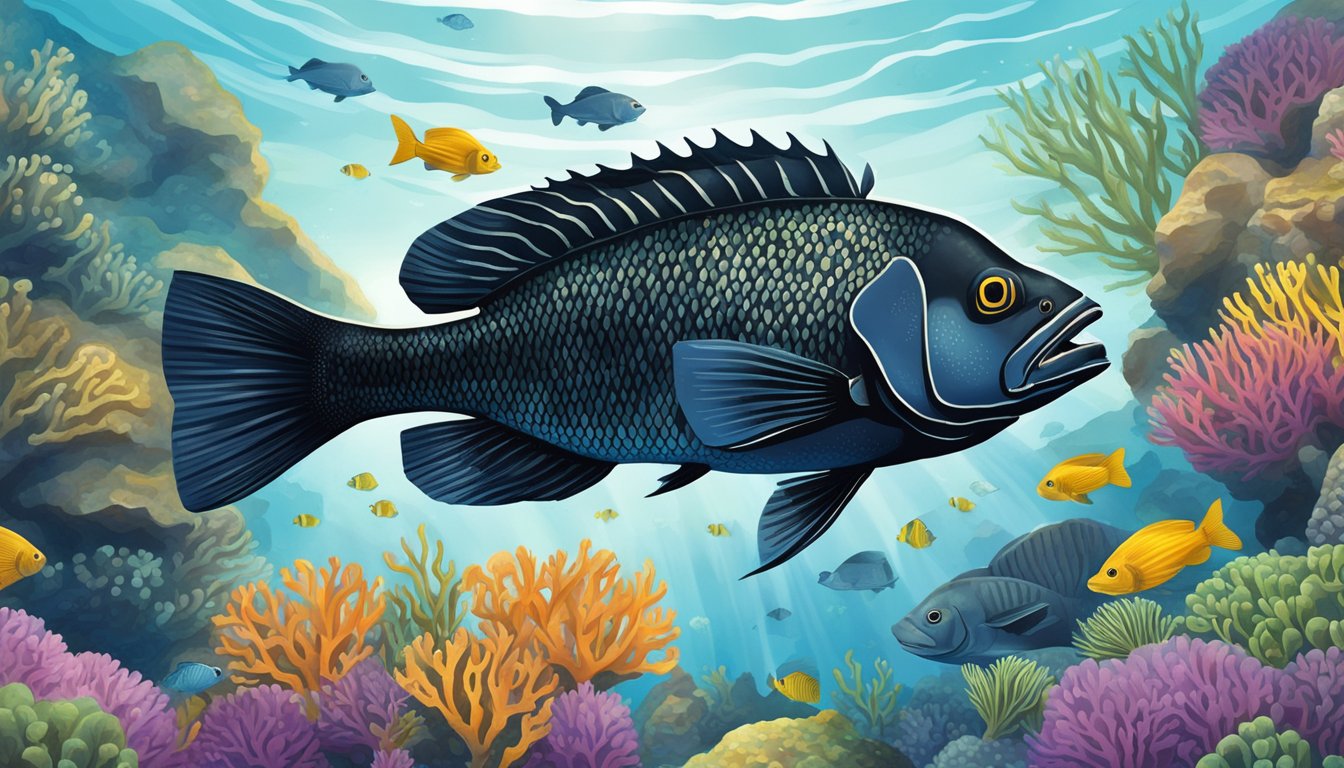 A black sea bass swimming among coral reefs, surrounded by smaller fish