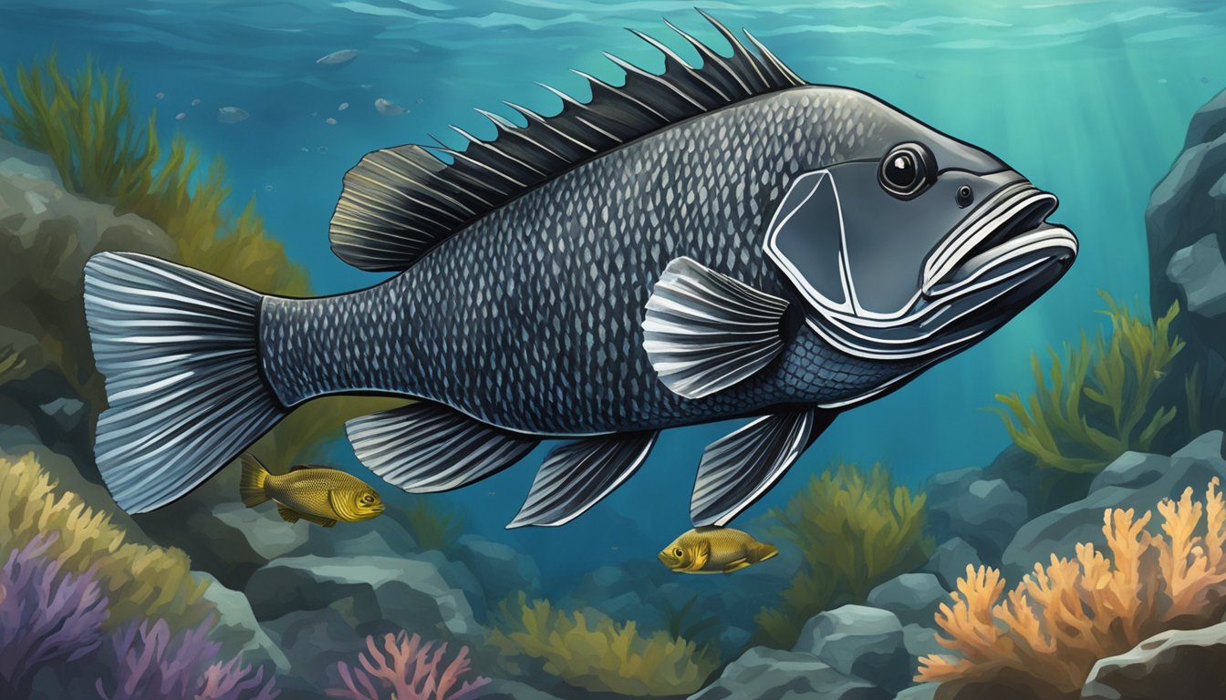 Black sea bass swimming among rocky reef habitats, catching and eating smaller fish