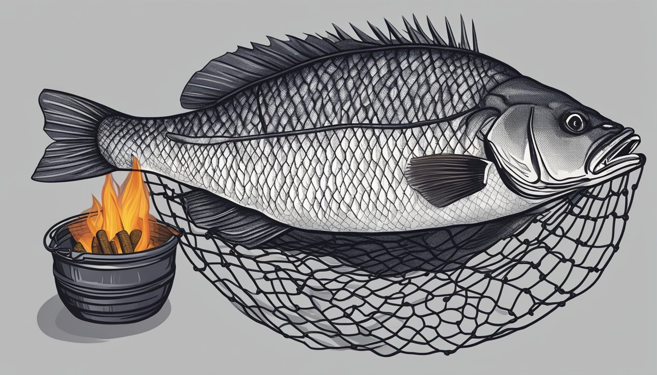 A black sea bass is caught in a net, then prepared and cooked over a campfire by a person following conservation regulations