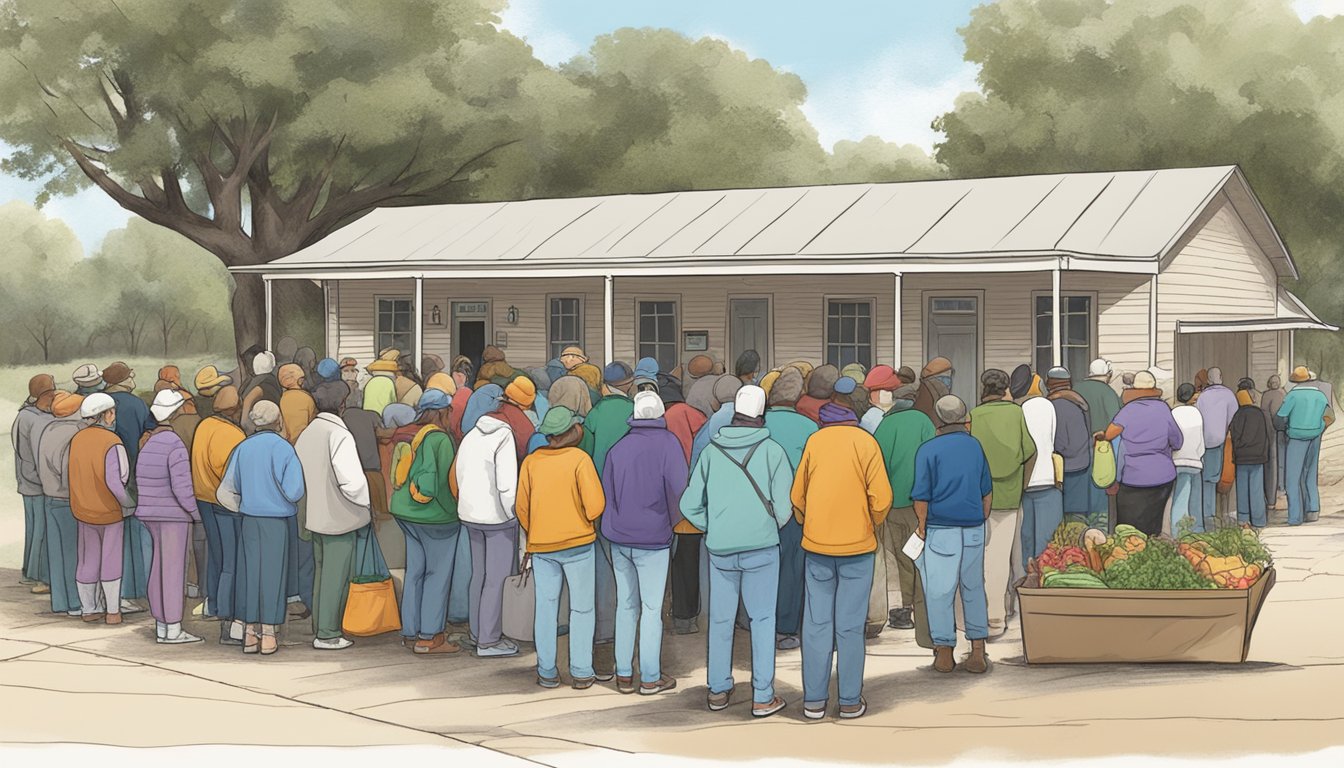 A line of people waits outside a small food pantry in Sutton County, Texas. Volunteers hand out bags of groceries to those in need