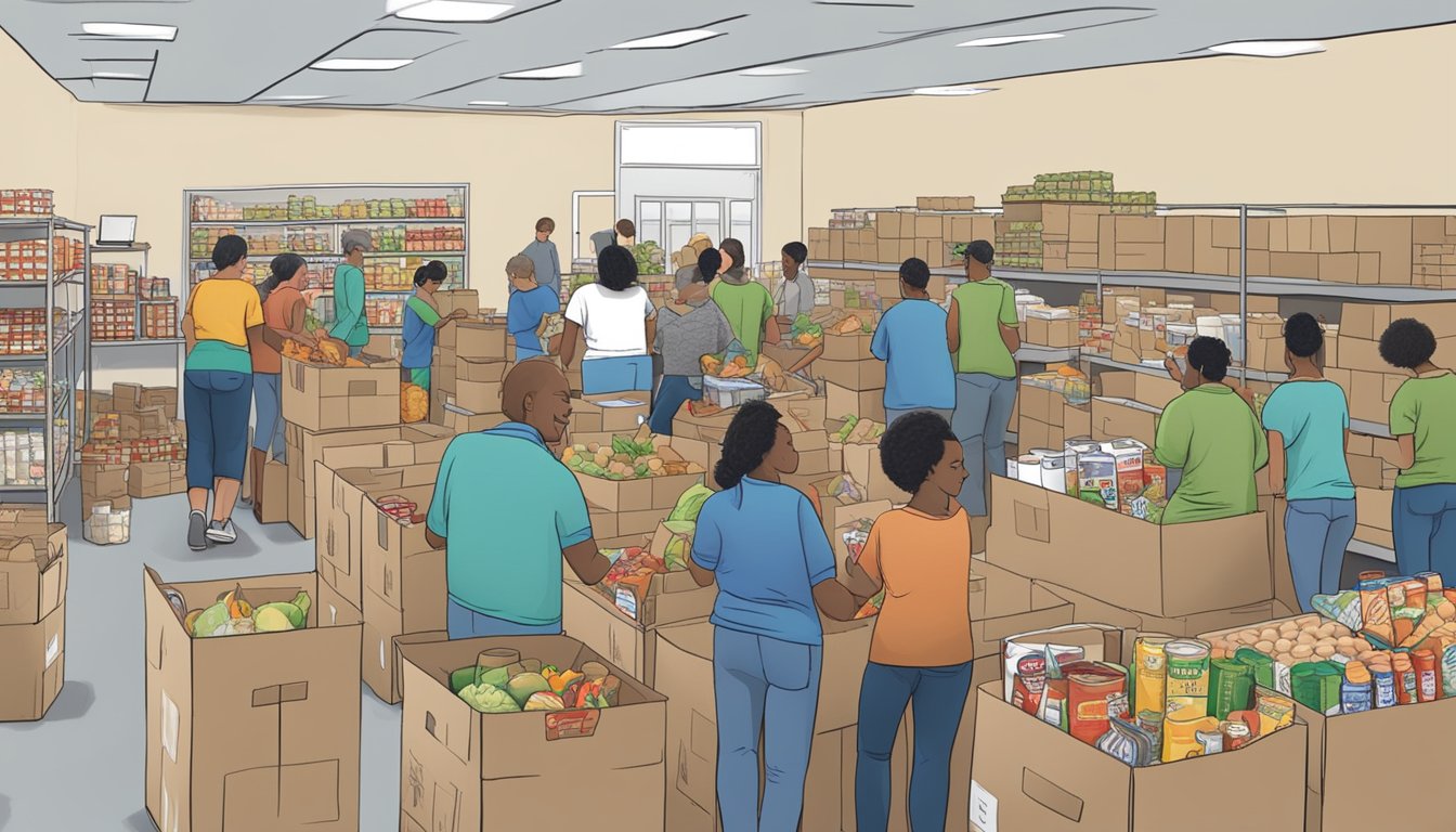 A bustling food pantry in Sutton County, Texas, with volunteers distributing free groceries to those in need