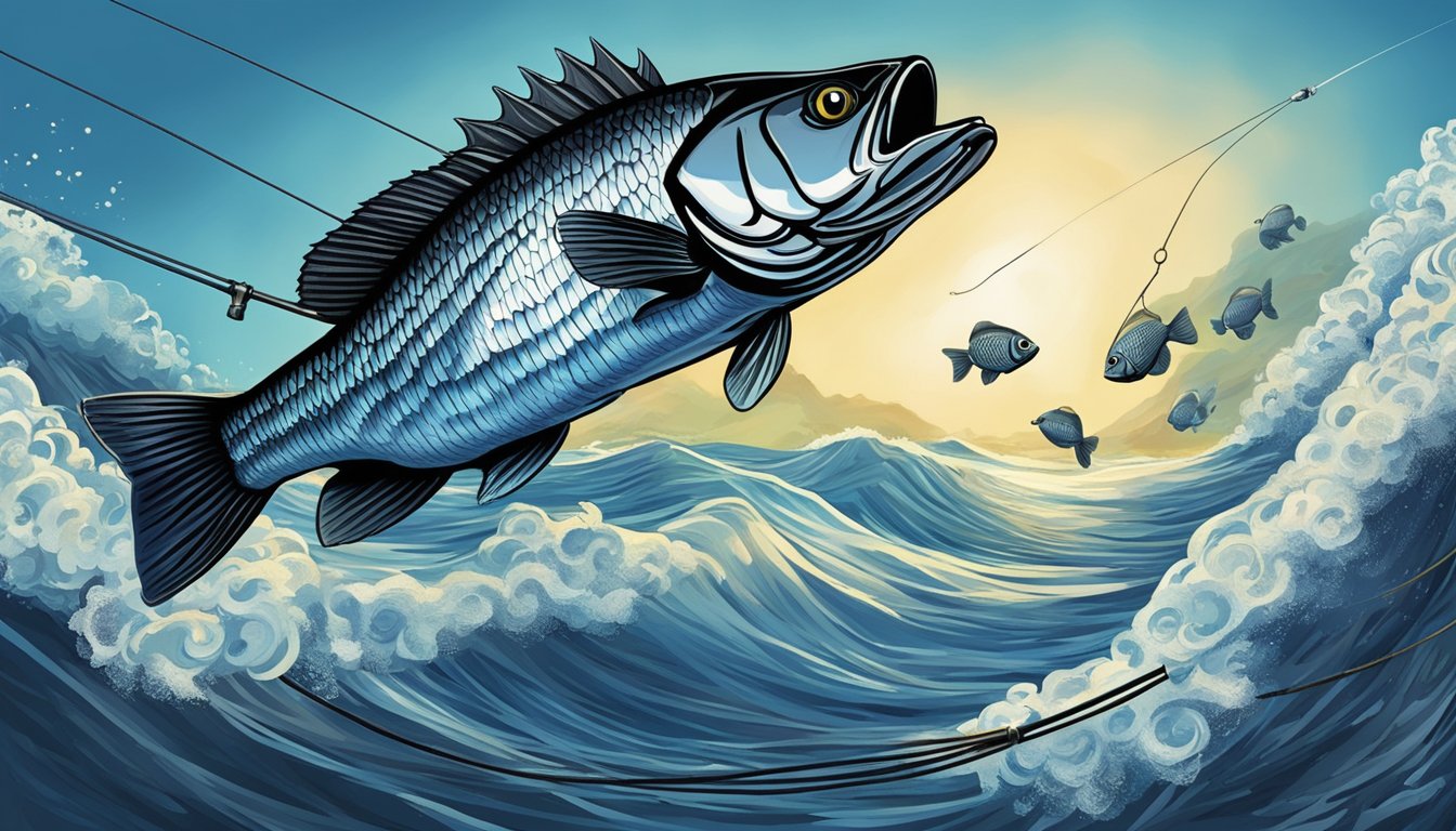 A fishing line with bait descends into the deep blue ocean, attracting a black sea bass. The fish bites the bait and is then depicted being cooked and eaten