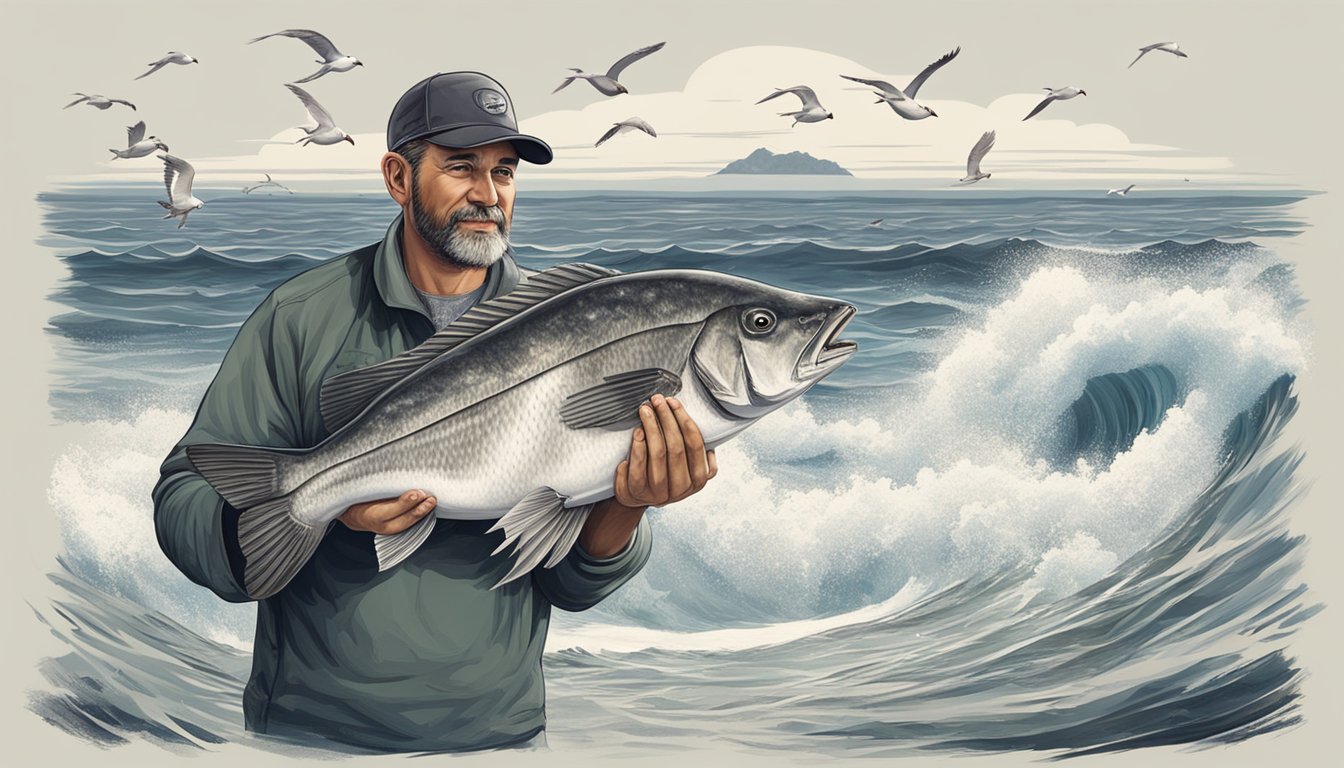 A fisherman holding a freshly caught black drum, surrounded by a coastal landscape with seagulls and waves