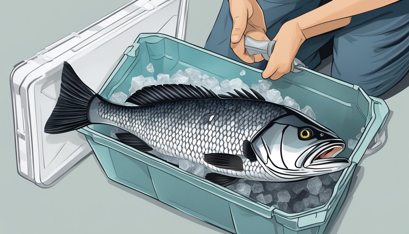 A person carefully removing a black sea bass from a fishing net and placing it in a cooler filled with ice