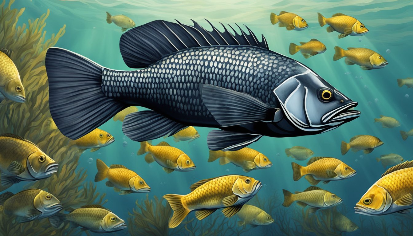 A black sea bass swimming toward a school of smaller fish, ready to catch and eat its prey