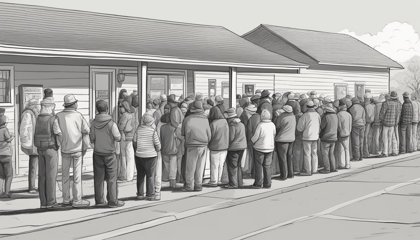 A line of people waits outside a food pantry in Wilbarger County, Texas, as volunteers hand out free groceries to those in need