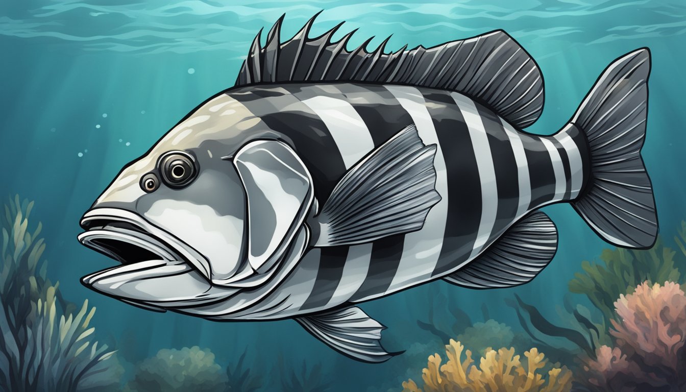 A sheepshead fish caught in the water, with its distinctive black stripes and human-like teeth, being eaten by another fish or sea creature