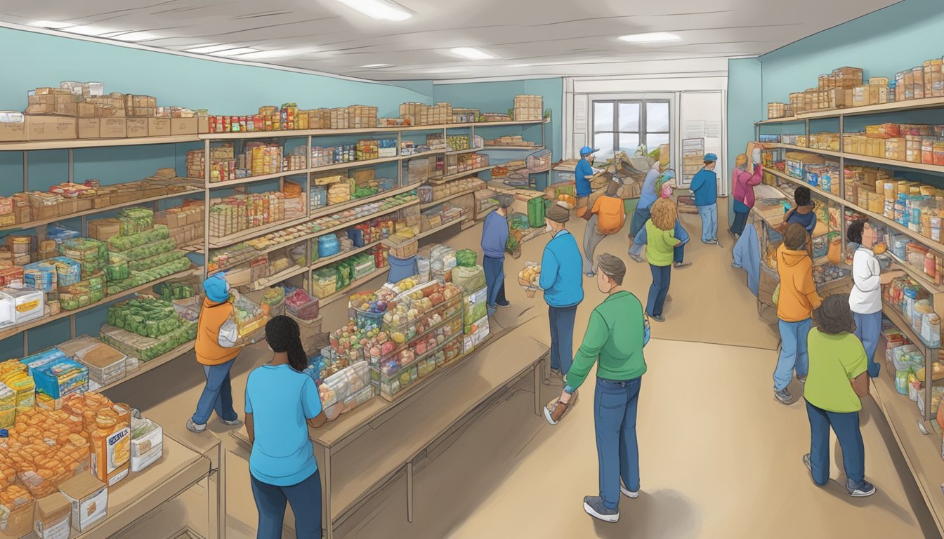 A bustling food pantry in Wilbarger County, Texas, where volunteers distribute free groceries to those in need