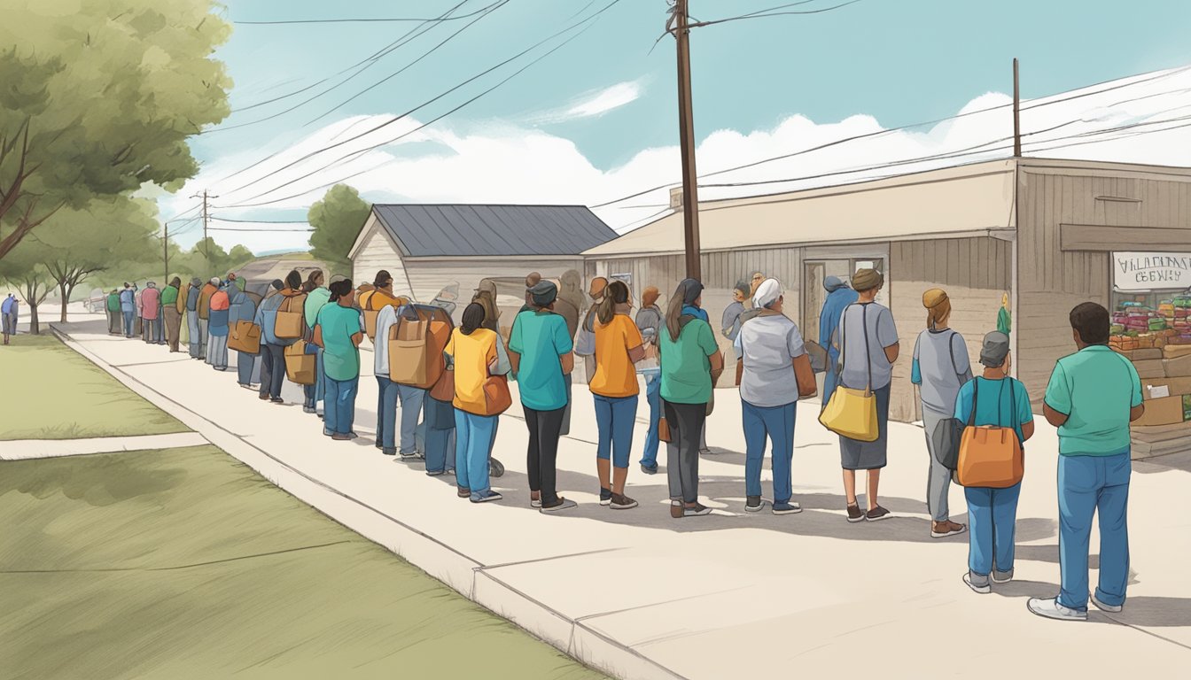 A line of people waits outside a small food pantry in Wilbarger County, Texas. Volunteers hand out bags of groceries to those in need