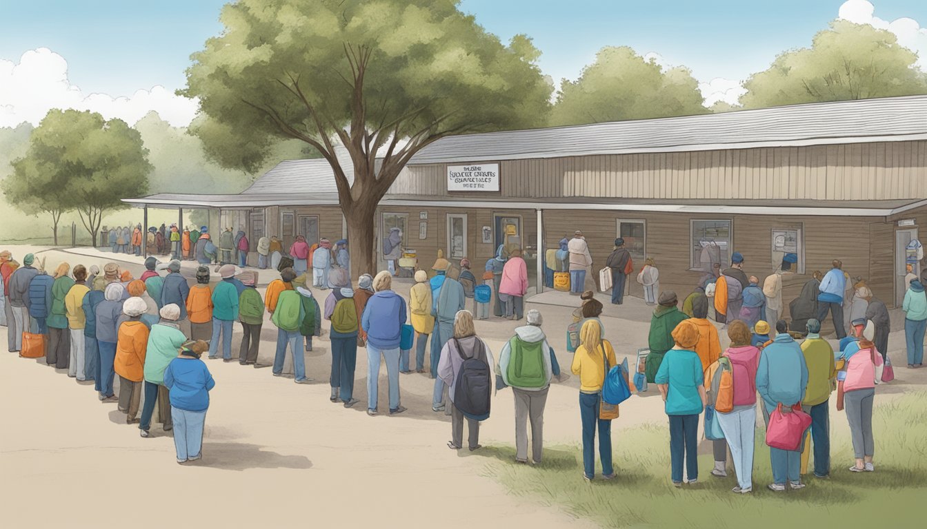 A line of people wait outside a food pantry in Sutton County, Texas. Volunteers hand out bags of groceries to those in need