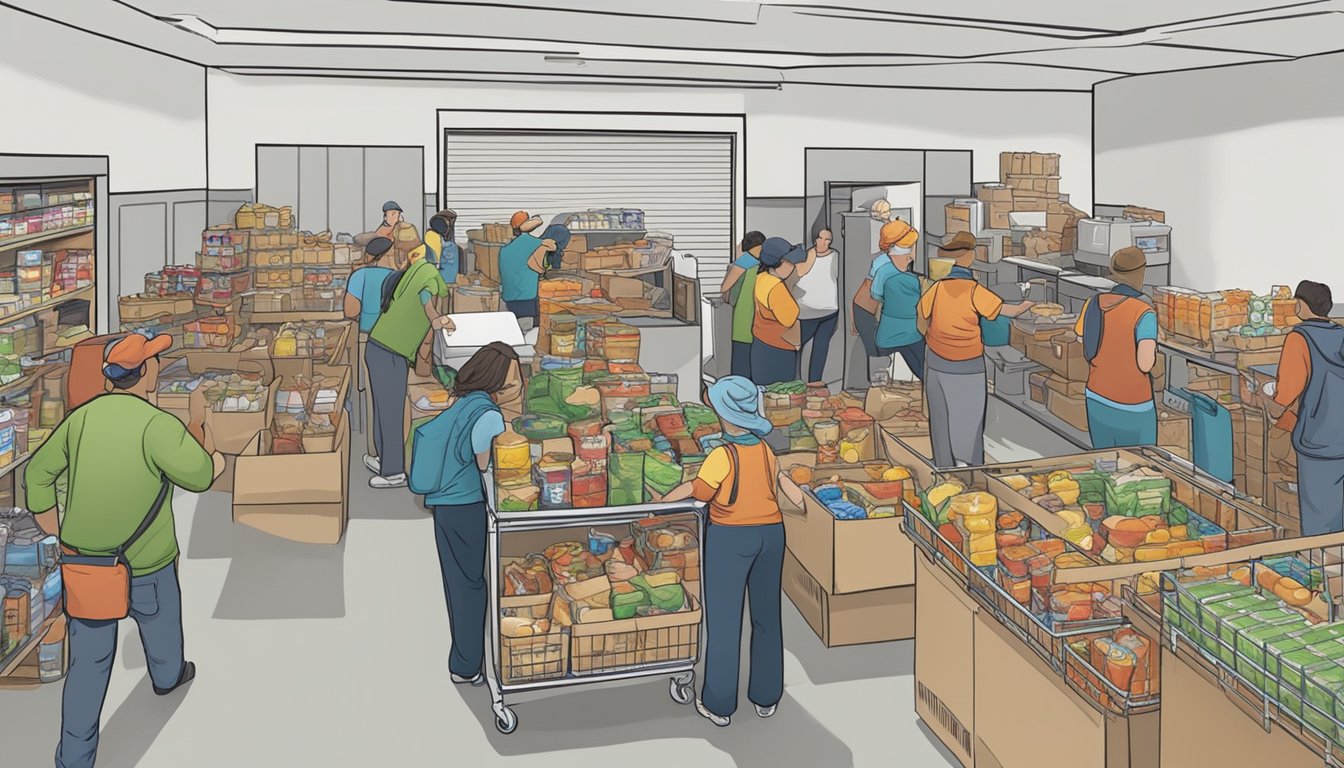 A bustling food pantry in Wilbarger County, Texas, with volunteers distributing free groceries to those in need