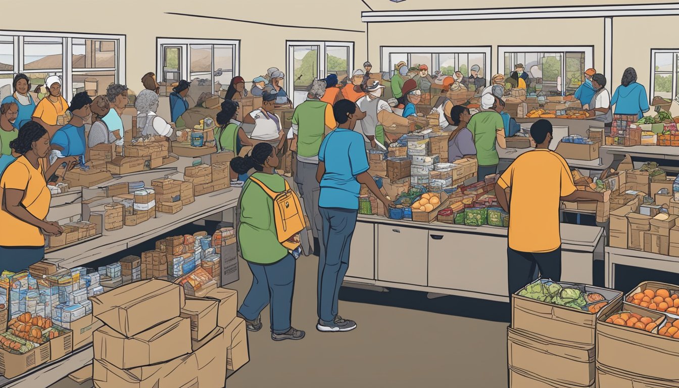 A bustling food pantry in Sutton County, Texas, with volunteers distributing free groceries to families and individuals in need