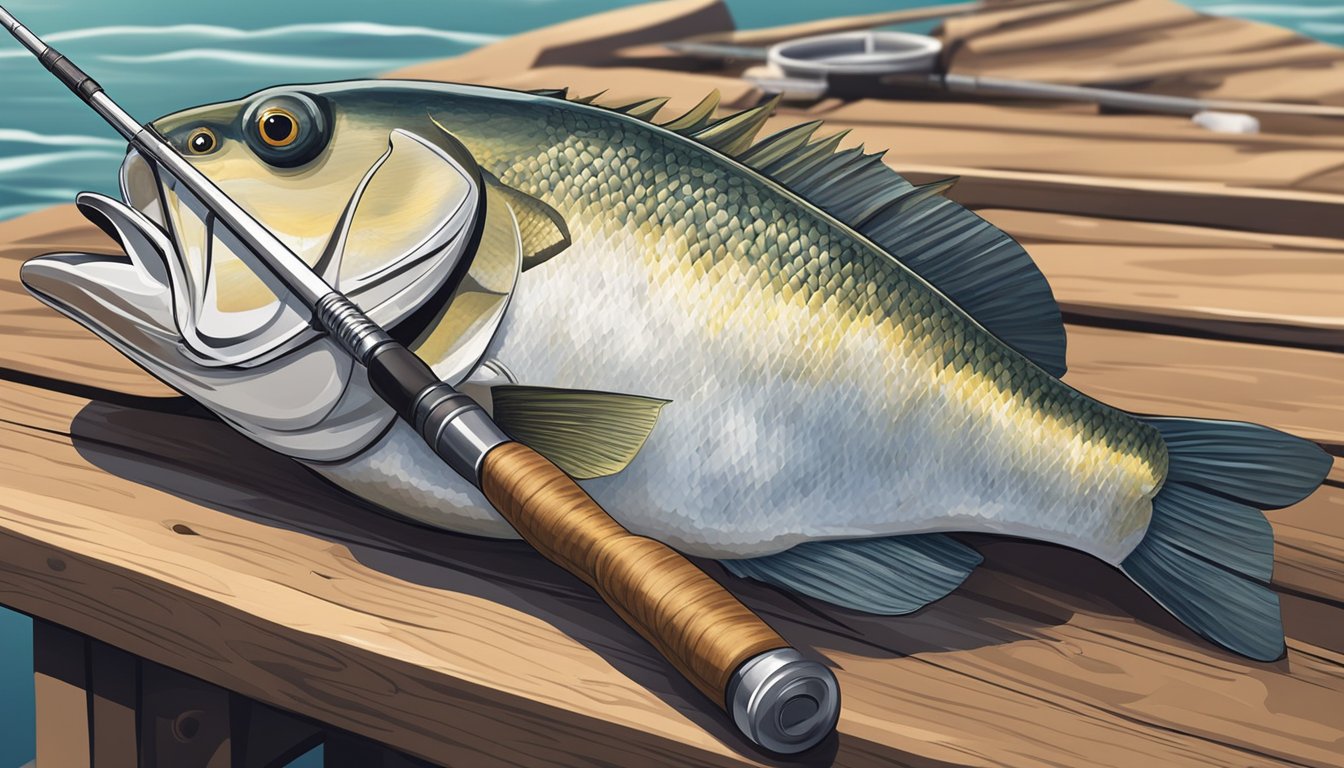 A fishing rod with a sheepshead caught on the hook, a bucket of bait, and a fillet knife on a wooden dock by the water