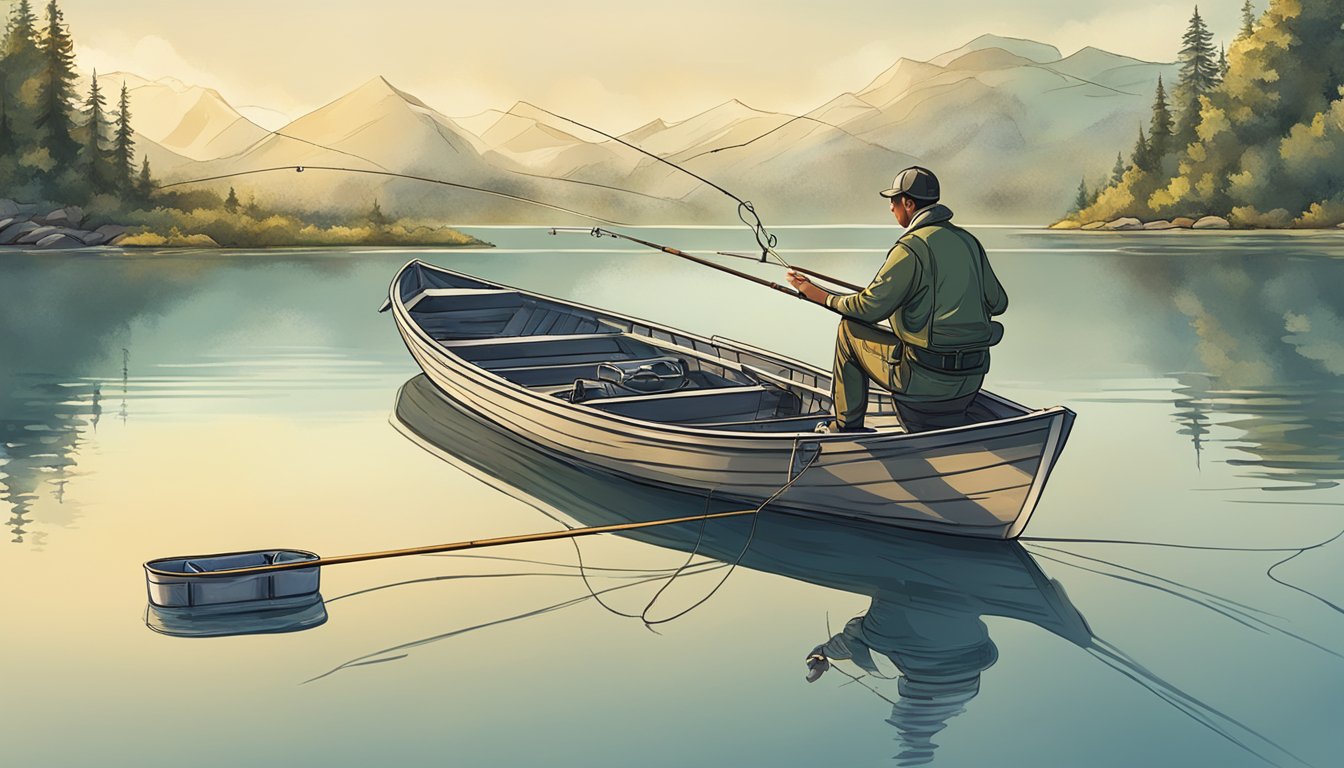 A person on a boat, setting up fishing rods with bait, surrounded by water and a clear sky