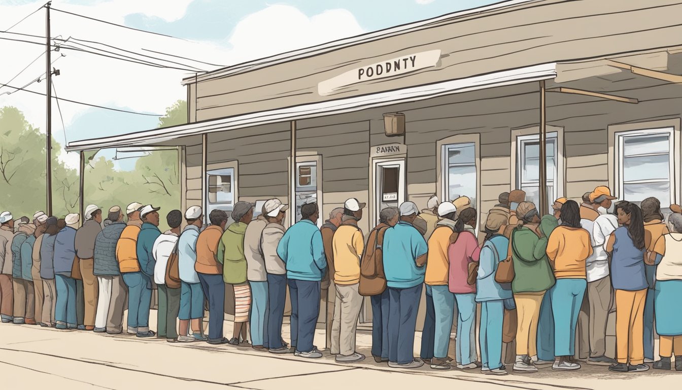 People lined up outside a food pantry in Sutton County, Texas, waiting to receive free groceries and food to address food insecurity