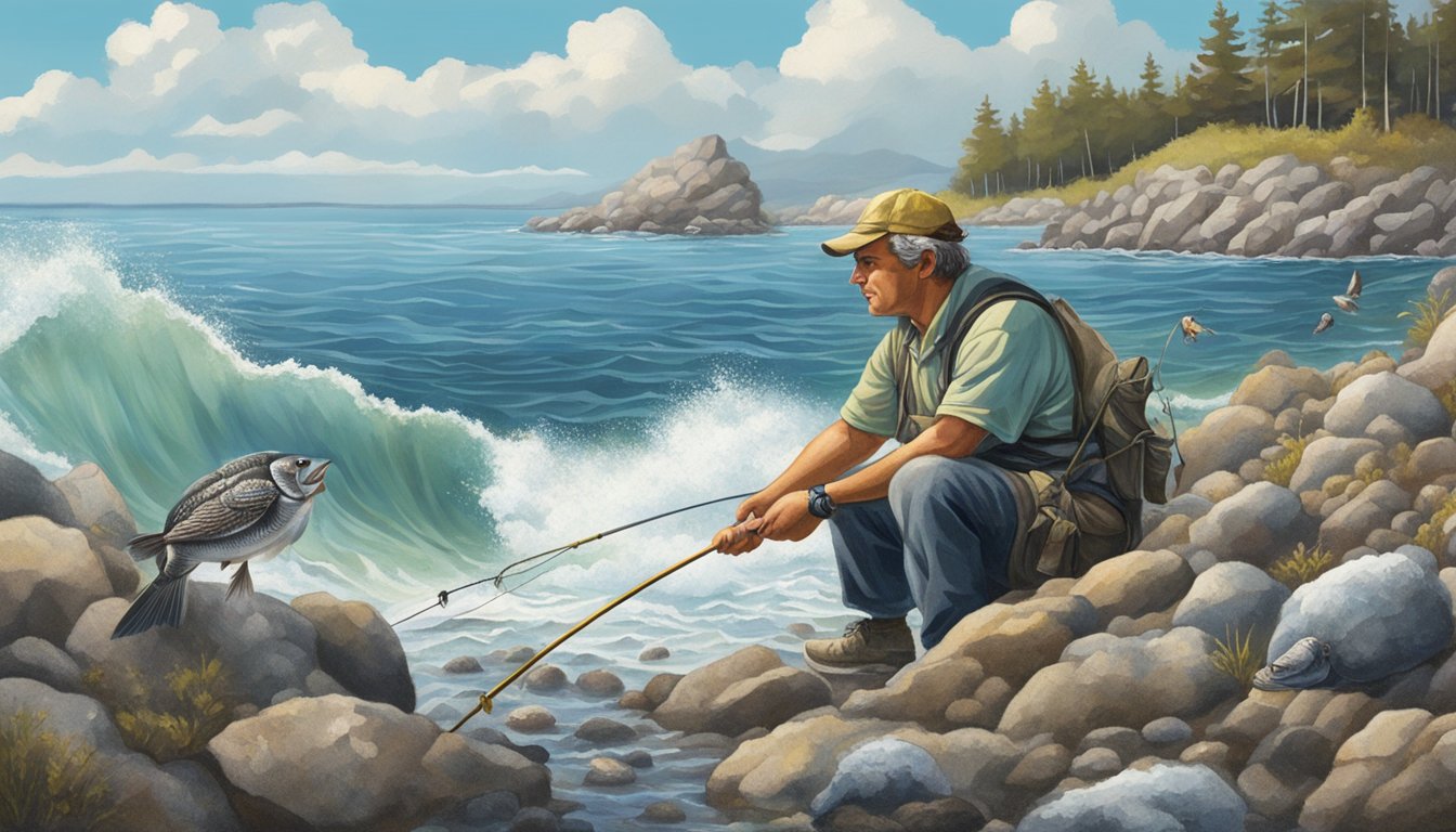 A fisherman on a rocky shore, casting a line into the water, with a sheepshead fish swimming near a cluster of barnacles on the rocks