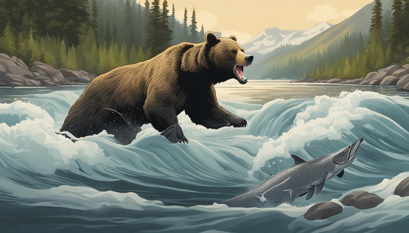 A bear catching and devouring a sturgeon from a rushing river