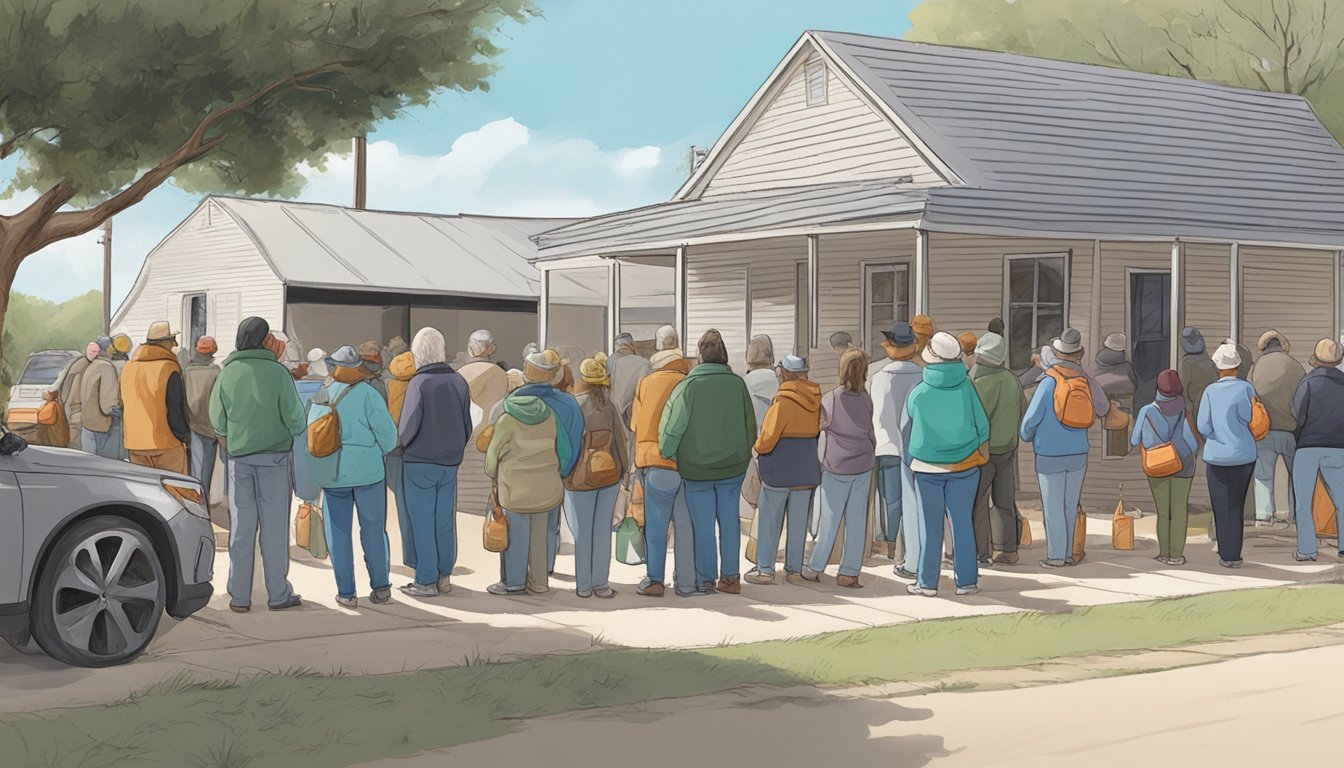 A line of people waits outside a small food pantry in Swisher County, Texas. Volunteers hand out bags of groceries to those in need