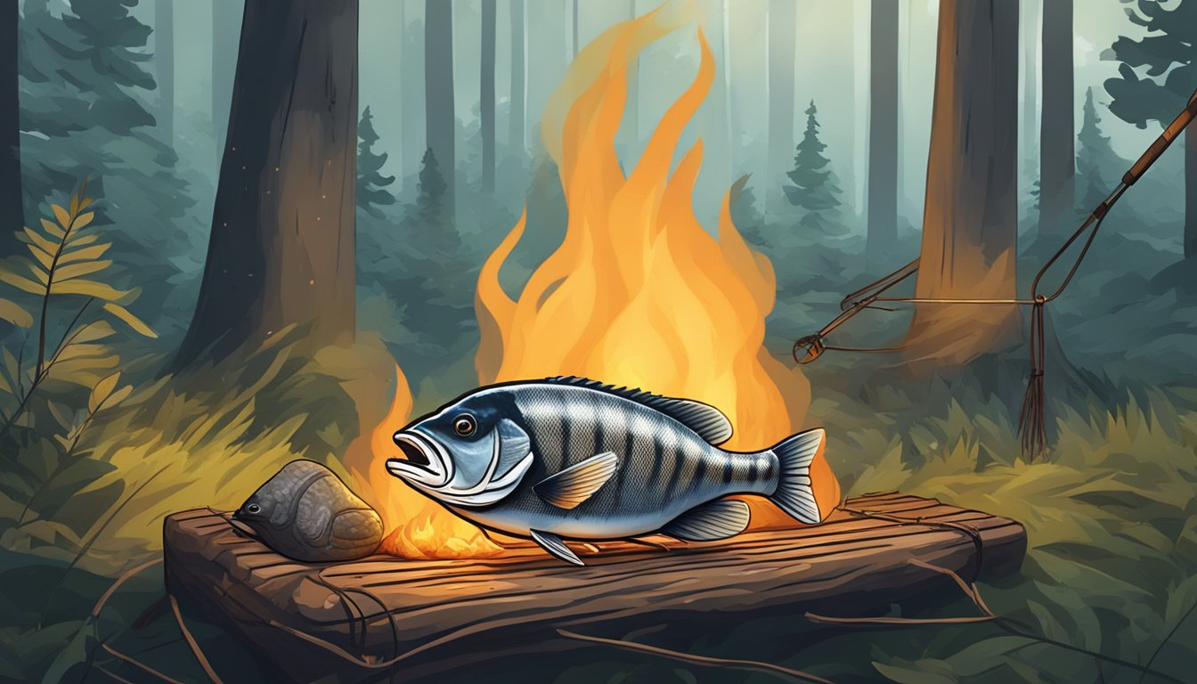 A sheepshead fish caught on a line, being prepared and cooked over a campfire in a forest clearing