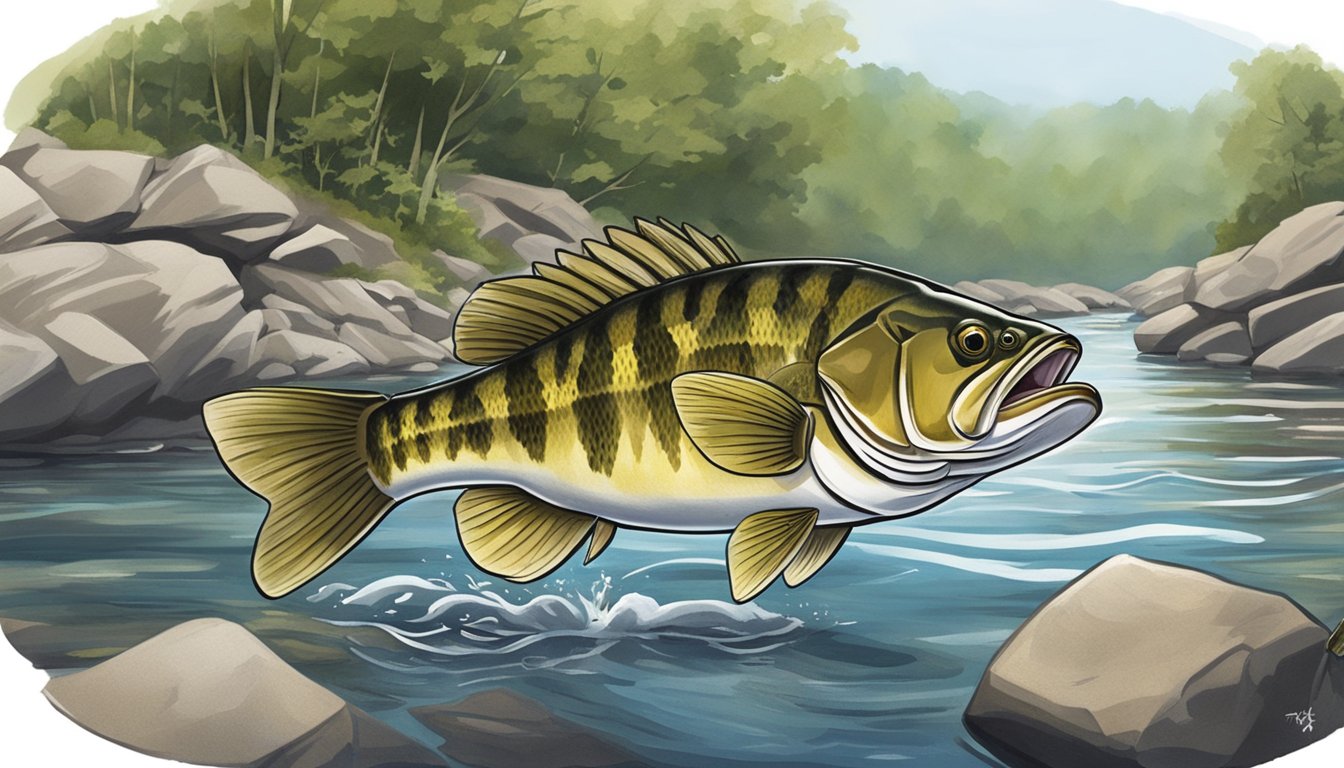 A smallmouth bass catching and eating a smaller fish in a rocky riverbed